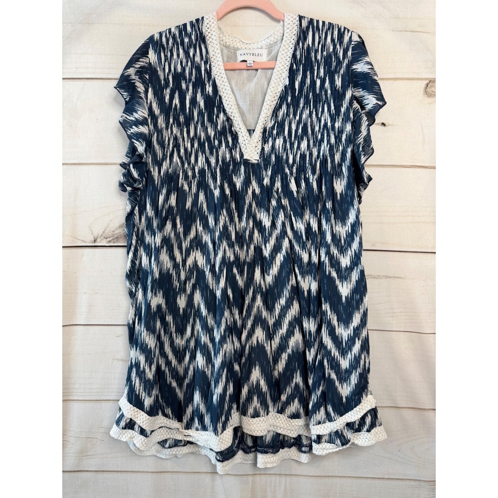 Navybleu Womens Navy White Ikat Chevron Crochet Trim Tunic Top Size L Viscose